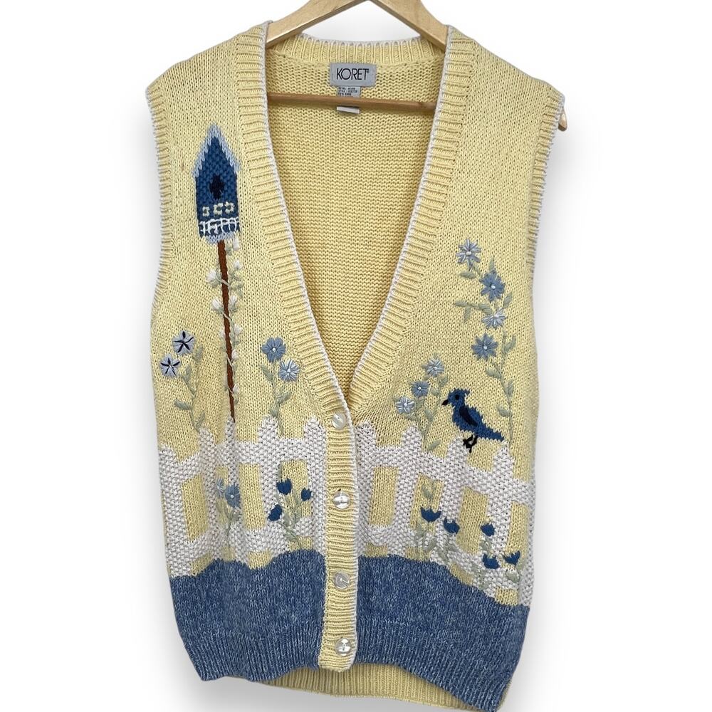 Vtg.‎ Koret Knit Sweater Vest Women's M Yellow Novelty Print Bird Floral Spring